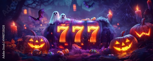 Spooky slot machine showing 777 jackpot surrounded by halloween pumpkins, ghosts, bats, candles and spiderwebs in a haunted forest