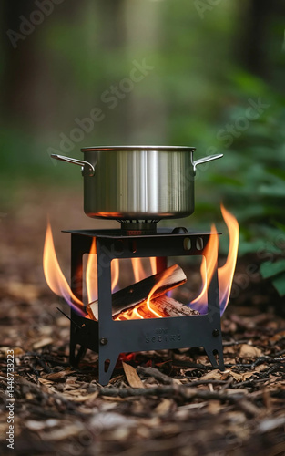 Cooking pot on campfire in forest. Camping concept.