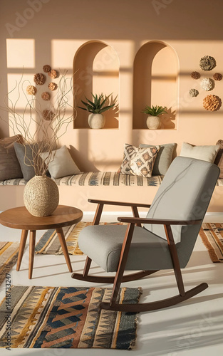 Interior of modern living room with armchair and flower vase