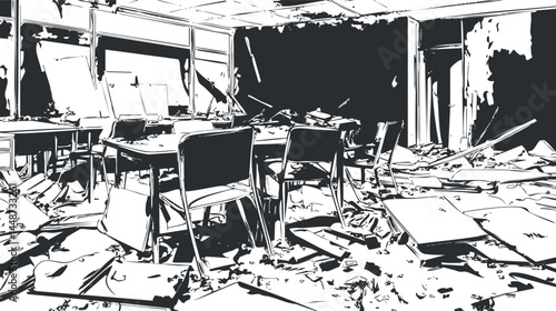 Abandoned classroom with broken furniture and scattered debris in a state of destruction and neglect