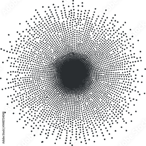 Abstract circular pattern made of black dots radiating from the center on white background