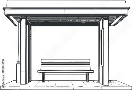 Black and white line art illustration of a bus stop shelter with bench and pavement