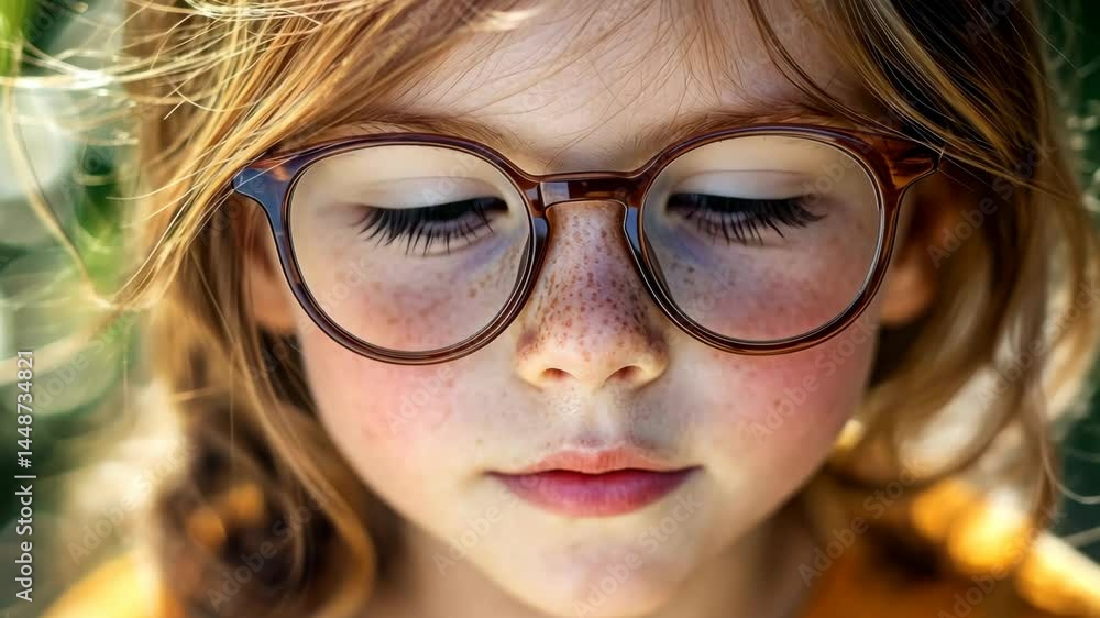Curious child with glasses exploring nature in sunlight Curious child with glasses exploring nature in sunlight