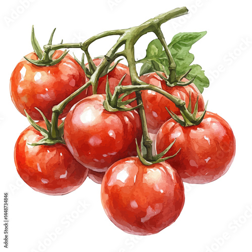 illustration of Cherry Tomato Bunch On Vine, watercolor vector, isolated on a white background.