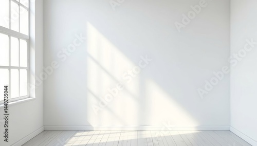 Fototapeta Naklejka Na Ścianę i Meble -  white room interior and wood plank floor with sun light cast rhythm of shadow on the wall, Perspective of minimal design architecture