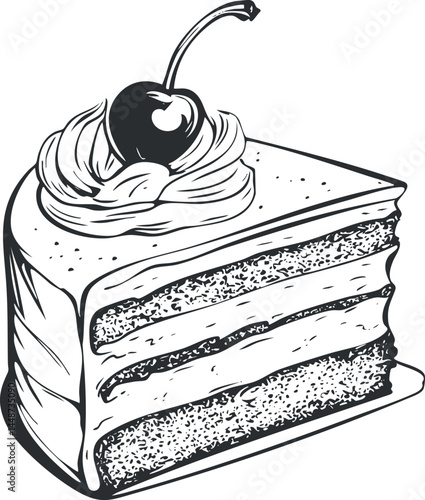 Black and white illustration of a slice of layered cake with frosting and a cherry on top