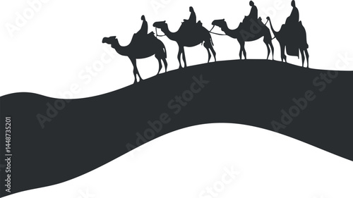 Silhouette of four people riding camels across sand dunes in a desert landscape at sunset or sunrise
