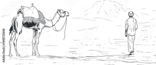 Black and white sketch of a man walking away from a saddled camel in a desert landscape with distant mountains.
