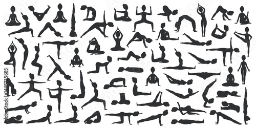 Women Yoga, fitness, pilates poses silhouette set. 64 yoga asanas on white background. Flat Vector illustration