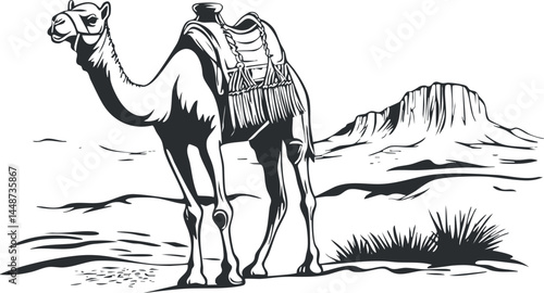 Black and white illustration of a camel with saddle standing in a desert landscape with bushes and mountains.