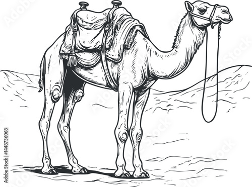 Black and white illustration of a camel with saddle standing in desert landscape with mountains