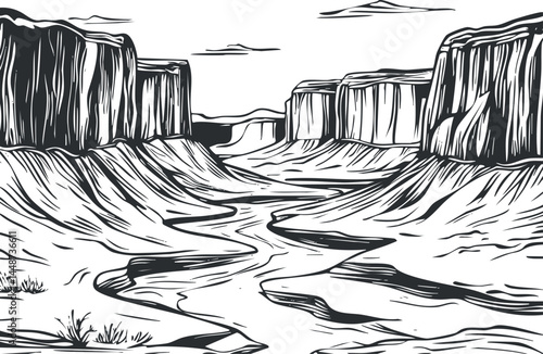 Black and white illustration of a winding river flowing through a canyon with tall cliffs and rocky terrain in a desert landscape