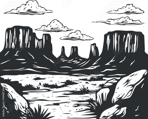 Black and white illustration of a desert canyon landscape with rocky cliffs and scattered clouds in the sky.