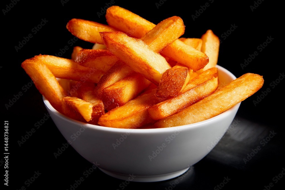 Delicious golden fries are piled high in a simple white bowl. Their crispy texture and inviting color make them an appealing snack or side dish, perfect for any meal Delicious golden fries are piled high in a simple white bowl. Their crispy texture and inviting color make them an appealing snack or side dish, perfect for any meal