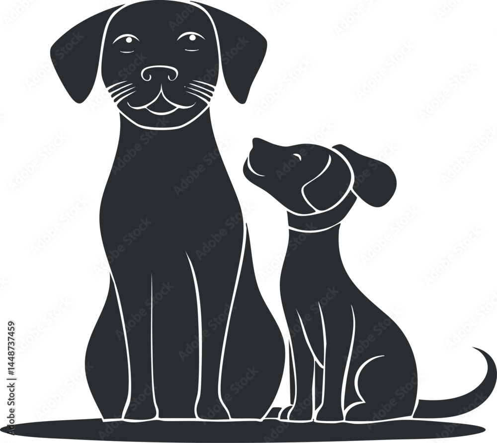 Fototapeta premium Silhouette illustration of a large dog sitting next to a smaller puppy looking up at it