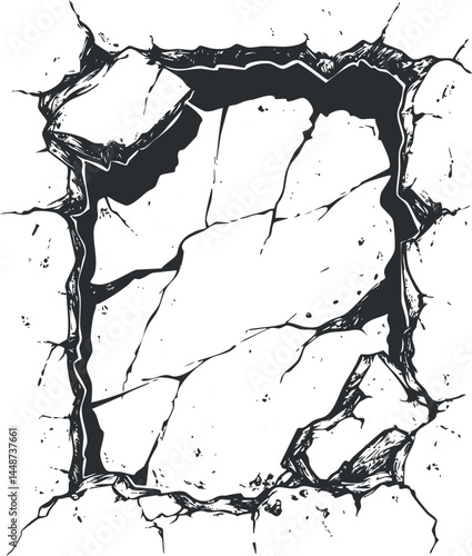 Close-up illustration of a cracked and broken concrete surface with a large hole and rough edges