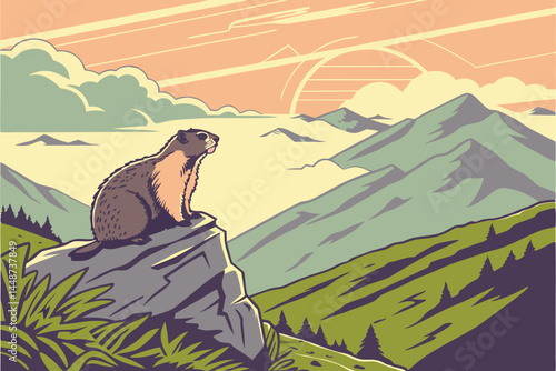 68 Majestic marmot, mountain peak, sunrise, clouds below, panoramic view, dramatic lighting, golden hour, misty valleys, lush green grass, rocky outcrop, clear sky, wide-angle lens, high-resolution, p