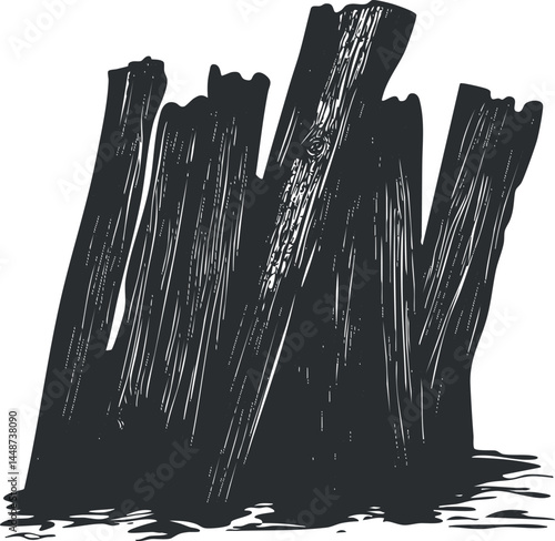 Black and white illustration of a pile of wooden logs stacked together showing natural texture and grain