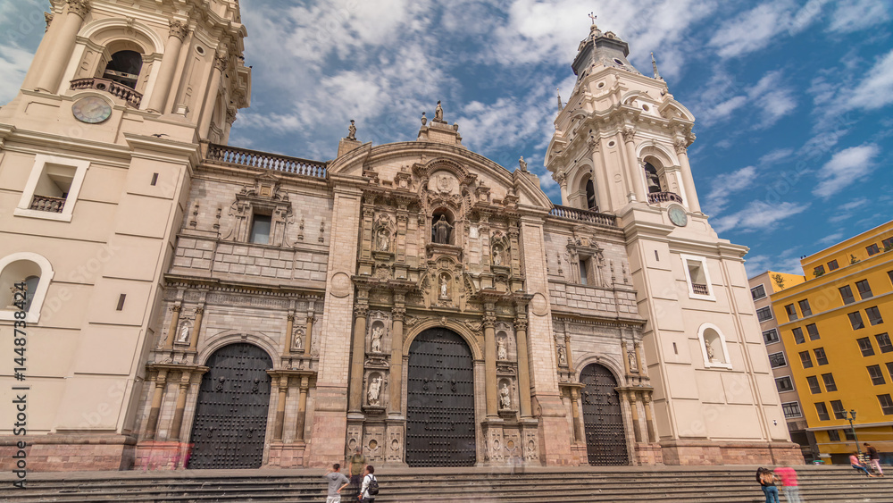 Fototapeta premium The Basilica Cathedral of Lima is a Roman Catholic cathedral located in the Plaza Mayor timelapse hyperlapse in Lima, Peru