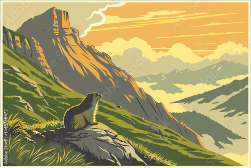 68 Majestic marmot, mountain peak, sunrise, clouds below, panoramic view, dramatic lighting, golden hour, misty valleys, lush green grass, rocky outcrop, clear sky, wide-angle lens, high-resolution, p