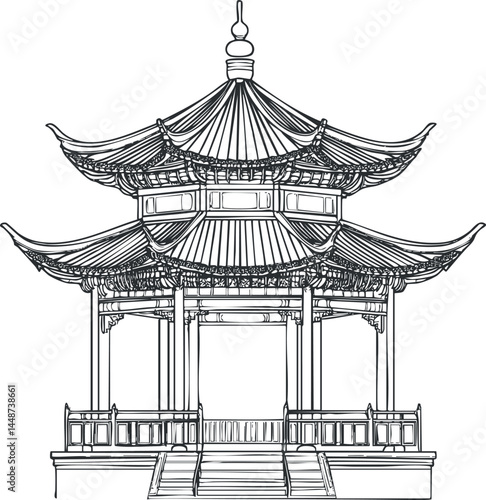 Detailed line drawing of a traditional Asian pagoda pavilion with ornate curved roofs and open sides