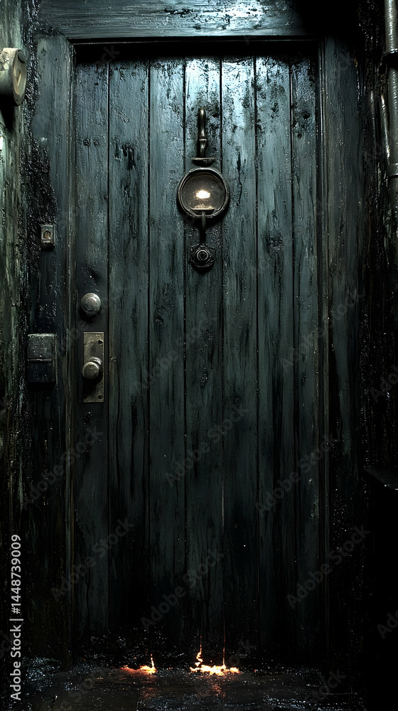 Fototapeta premium Dark, weathered wooden door in a dimly lit hallway, hinting at secrets within