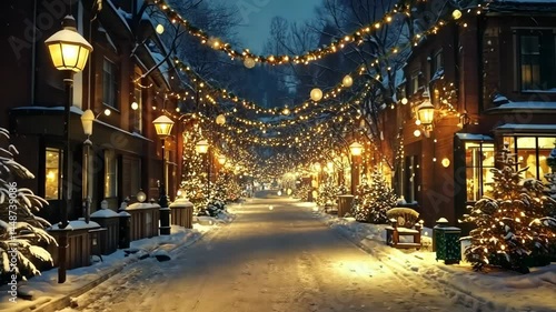 Wallpaper Mural Enchanting winter street with festive lights and snowy ambiance at dusk Torontodigital.ca
