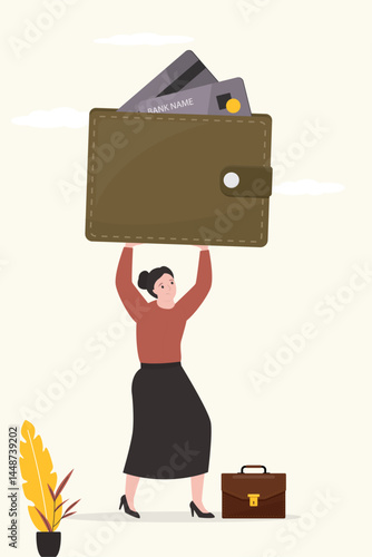 Problems with shopping, debt burden, financial profit or losses concept, business woman carry heavy wallet with credit cards. Inflation, unhappy customer.