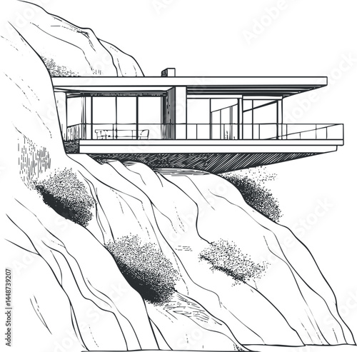 Modern house with large glass windows and balcony built on a rocky cliff overlooking the landscape