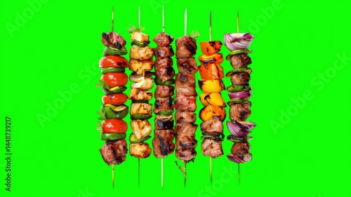 Grilled skewers featuring colorful vegetables and marinated meat against a vibrant green backdrop