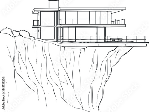 Modern house with large glass windows and balcony perched on a cliff edge overlooking natural scenery
