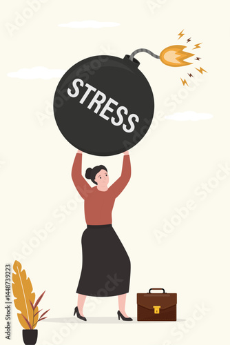 Stressed unhappy businesswoman carry giant bomb feeling unsafe and despair. Frightened woman, office worker or entrepreneur with detonating bomb. Emotional pressure,