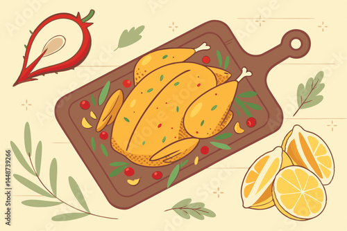 69 Roasted whole chicken, vibrant herbs and spices, colorful garnishes, lemon slices, wooden serving board, rustic outdoor setting, golden crispy skin, succulent meat, gourmet presentation, natural li