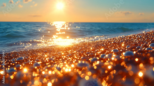 Golden sunset over the ocean's edge, with waves sparkling on the shore.  Tiny pebbles reflecting sunlight