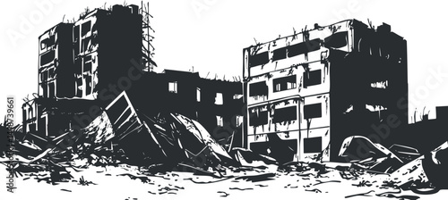 Black and white silhouette of destroyed urban buildings surrounded by rubble and debris representing ruins and destruction