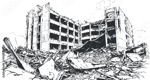 Black and white illustration of a destroyed multi-story building surrounded by rubble and debris after demolition or disaster