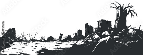 Black and white illustration of a desolate post apocalyptic wasteland with ruined buildings and barren dead trees