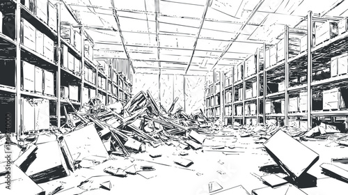 Interior view of a large warehouse with damaged shelves and broken boxes scattered across the floor