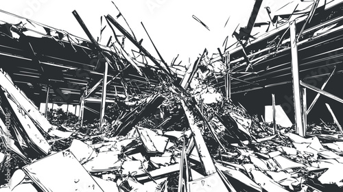 Black and white illustration of a collapsed building with rubble and debris scattered around