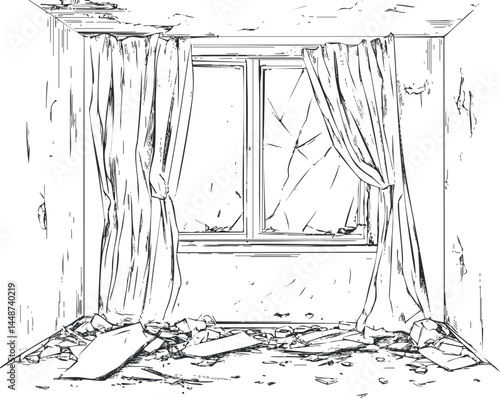 Abandoned room with broken window and torn curtains surrounded by rubble and debris on the floor