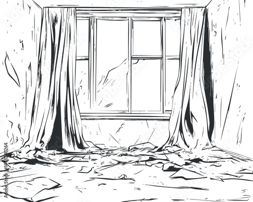 Empty room with large window and long curtains draped on floor in bright daylight