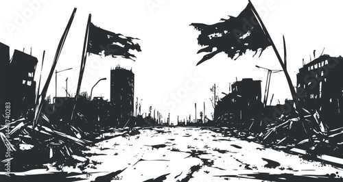 Black and white illustration of a destroyed city street with ruined buildings and torn flags showing devastation aftermath.