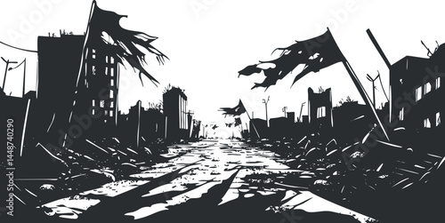 Black and white silhouette of a destroyed city street with ruined buildings and torn flags in postapocalyptic scene