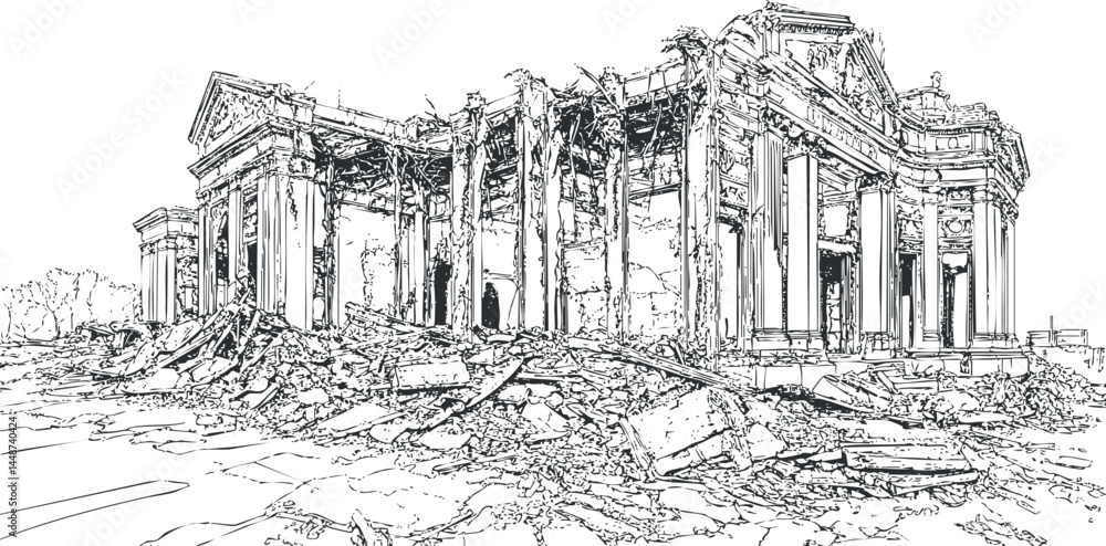 Fototapeta premium Black and white line drawing of a destroyed classical building with columns and rubble scattered around