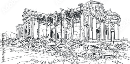 Black and white line drawing of a destroyed classical building with columns and rubble scattered around