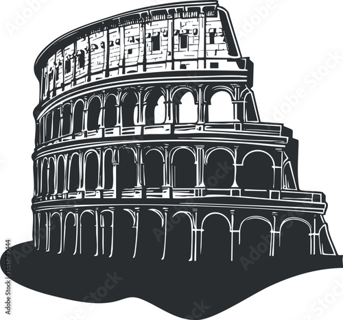 Black and white illustration of the ancient Roman Colosseum amphitheater with detailed arches and stone structure