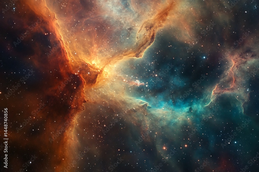 Obraz premium Cosmic Nebula A breathtaking view of vibrant orange and teal gas clouds swirling amongst a tapestry of distant stars in