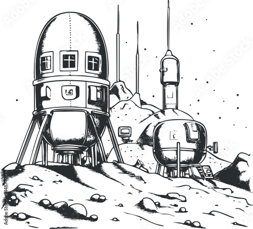 Black and white illustration of a futuristic space colony base on a rocky moon or planet surface with multiple structures and antennas.
