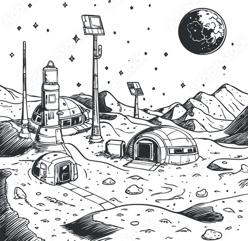 Black and white illustration of a futuristic moon base with domed habitats, antennas, and solar panels under a starry sky.