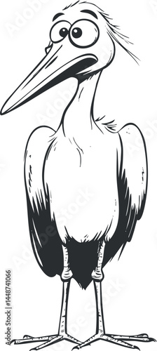 Cartoon illustration of a comical bird with a long beak and expressive eyes standing upright